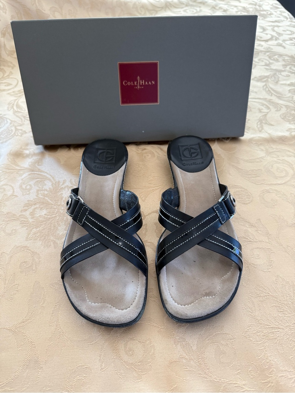 Cole Haan Air.Belize Black Crisscross Leather Buckle Slide Sandals